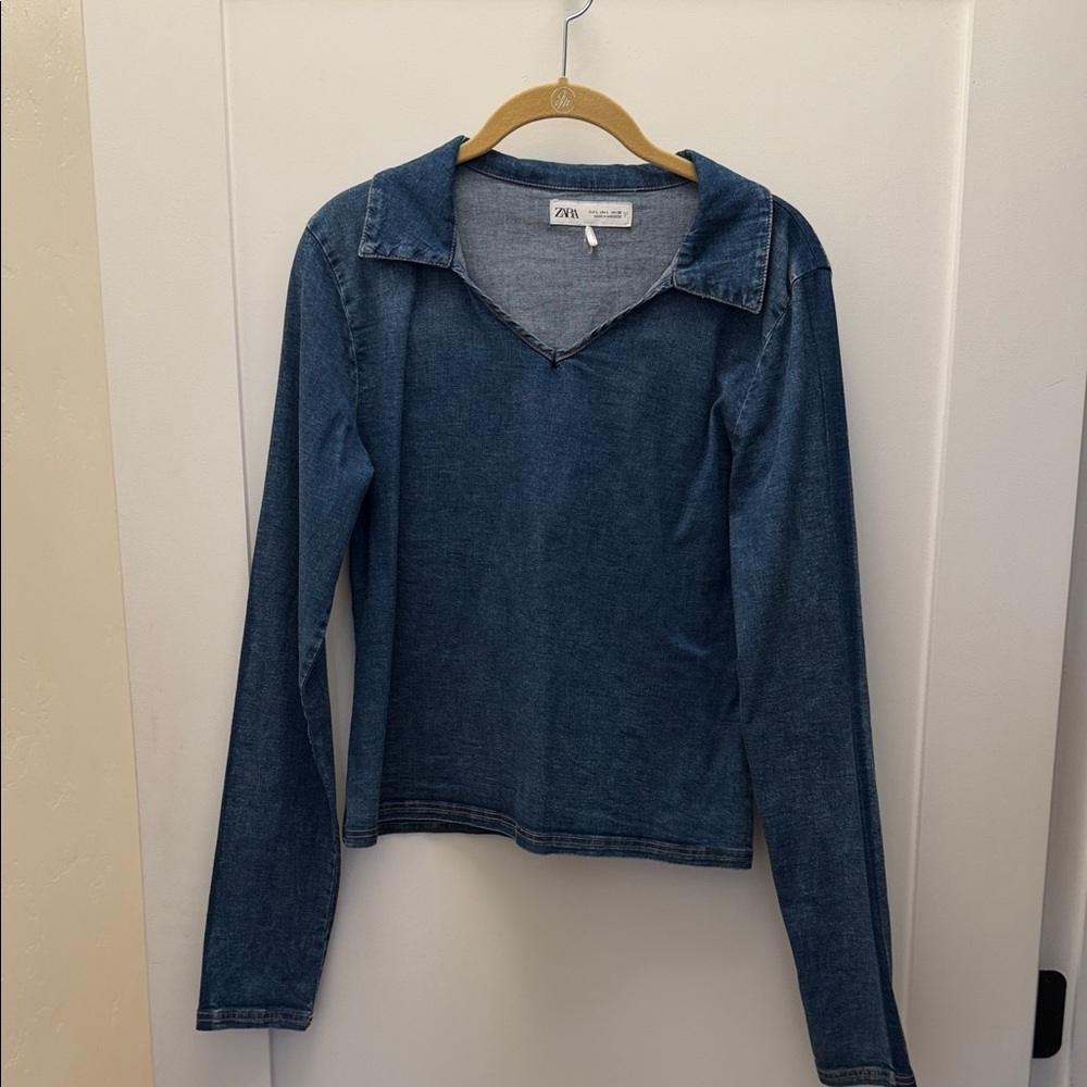 Zara Indigo Denim V-Neck Shirt